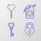 Set line Castle in the shape of a heart, Key, Heart tag and Balloons form icon. Vector