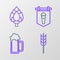 Set line Cereals set with rice, wheat, corn, oats, rye, barley, Glass of beer, Street signboard glass and Hop icon