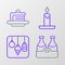 Set line Champagne bottle, Christmas lights, Burning candle and Cake icon. Vector
