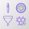 Set line Chemical formula, Funnel filter, Bacteria and Tweezers icon. Vector