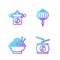 Set line Chinese drum, Asian noodles in bowl, Yin Yang and Chinese paper lantern. Gradient color icons. Vector