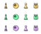 Set line Chip for board game, Chess, Billiard pool snooker ball and Bowling pin icon. Vector