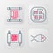 Set line Christian fish, Decree, paper, parchment, scroll, Jainism and icon. Vector