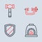 Set line Clamp and screw tool, Shield, Blacksmith oven and Hammer icon. Vector