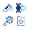 Set line Clinical record, DNA research, search, Genetic engineering and Test tube with drop of blood icon. Vector