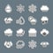 Set line Cloud with snow, Snowflake, Water drop percentage, and and sun icon. Vector