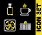 Set line Coffee cup, Heating radiator, Computer cooler and Travel suitcase icon. Vector