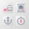 Set line Compass, Anchor, Decree, parchment, scroll and Pirate game dice icon. Vector
