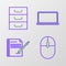 Set line Computer mouse, Blank notebook and pen, Laptop and Drawer with documents icon. Vector