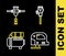 Set line Construction jackhammer, Electric jigsaw, Air compressor and icon. Vector