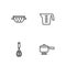 Set line Cooking pot on fire, Kitchen whisk, colander and Measuring cup icon. Vector