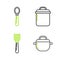 Set line Cooking pot, Fork, and Spoon icon. Vector