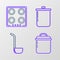 Set line Cooking pot, Kitchen ladle, and Gas stove icon. Vector