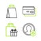 Set line Create account screen, Gift box, Credit card and Paper shopping bag icon. Vector