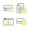 Set line Credit card with shield, Browser exclamation mark, Document and lock and icon. Vector