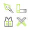 Set line Crossed hunter knife, Hunting jacket, Cartridges and Hipster arrow tip icon. Vector
