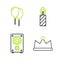 Set line Crown, Stereo speaker, Birthday cake candles and Balloons with ribbon icon. Vector