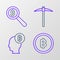 Set line Cryptocurrency coin Bitcoin, think, Pickaxe and Magnifying glass with icon. Vector