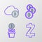 Set line Cryptocurrency coin Zcash ZEC, Bitcoin plant the pot, and cloud mining icon. Vector