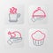 Set line Cupcake, Roasted turkey or chicken, Covered with tray of food and Coffee cup icon. Vector