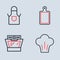 Set line Cutting board, Oven, Chef hat and Kitchen apron icon. Vector