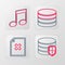 Set line Database protection, Delete file document, and Music note, tone icon. Vector
