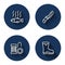 Set line Dead fish, Knife, Spinning reel for fishing and Fishing boots with long shadow. Blue circle button. Vector