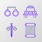 Set line Decree, paper, parchment, scroll, Scales of justice, Police car and flasher and Handcuffs icon. Vector