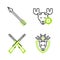 Set line Deer head with antlers on shield, Two crossed shotguns, Hunt moose crosshairs and Hipster arrow icon. Vector