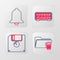 Set line Delete folder, Floppy disk, Retro flip clock and Ringing bell icon. Vector