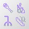 Set line Disabled elevator, Walking stick cane, Woman wheelchair and Prosthesis leg icon. Vector