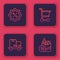 Set line Discount percent tag, Hand truck and boxes, Shopping cart and Cigarettes pack. Blue square button. Vector