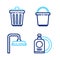 Set line Dishwashing liquid bottle and plate, Shower head, Bucket and Trash can icon. Vector