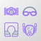 Set line Diving mask, Life jacket, Glasses and cap and Photo camera icon. Vector