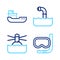 Set line Diving mask and snorkel, Lighthouse, Periscope and Cargo ship icon. Vector