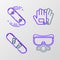 Set line Diving mask, Snowboard, Gloves and Skateboard trick icon. Vector