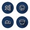 Set line Dumpling with chopsticks, Rice a bowl, Sushi and Soy sauce with long shadow. Blue circle button. Vector