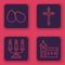 Set line Easter eggs, Candelabrum with candlesticks, Christian cross and Church building. Blue square button. Vector
