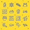 Set line Eel fish, Fishing harpoon, Sushi cutting board, steak, boat, Sea cucumber jar and Jellyfish icon. Vector