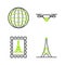 Set line Eiffel tower, Postal stamp and, Drone flying with action video camera and Earth globe icon. Vector