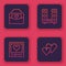 Set line Envelope with Valentine heart, Photo frames and hearts, Home stereo two speakers and Heart. Blue square button. Vector