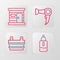 Set line Essential oil bottle, Sauna bucket, Hair dryer and wooden bathhouse icon. Vector