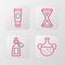 Set line Essential oil bottle, Sauna hourglass and Cream or lotion cosmetic tube icon. Vector