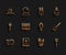 Set line Fireball, Ancient magic book, Witch hat, Magic stone, wand, Witches broom and hand mirror icon. Vector