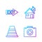Set line First aid kit, Traffic cone, Fire exit and Fire in burning house. Gradient color icons. Vector