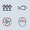 Set line Fish, Outboard boat motor, Fishing bucket with fish and Case box for fishing equipment icon. Vector