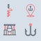 Set line Fishing hook, Campfire and pot, and Hand ice drill icon. Vector