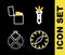 Set line Flashlight, Compass, Canteen water bottle and Lighter icon. Vector