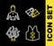 Set line Flippers for swimming, Life jacket, Coral and Wetsuit scuba diving icon. Vector