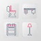 Set line Floor lamp, Oven, Office desk and Toilet bowl icon. Vector